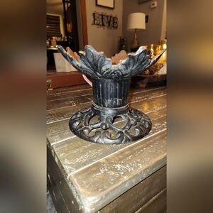Antique Cast Iron Votive Candle Holder W/ScrollWork Base, Floral Top 5 1/2x 7"